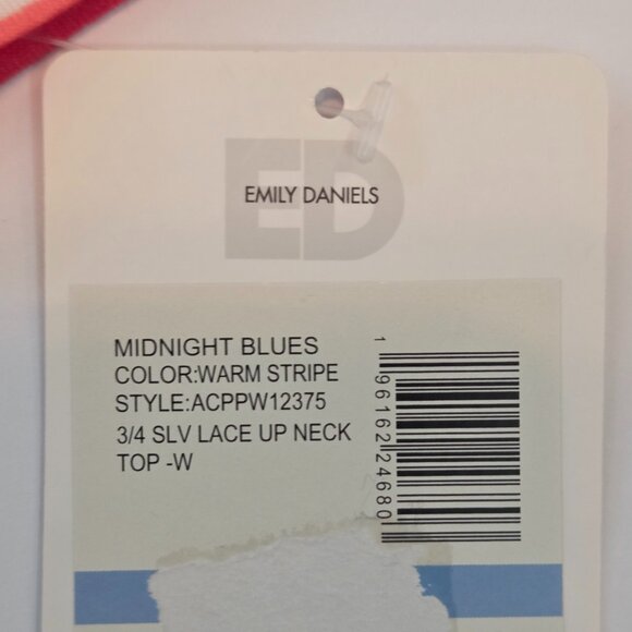 NWT Emily Daniels 3/4 Sleeve Lace-Up Neck Top, 2XL, Peach/Red/Pink/White Stripes - Picture 11 of 11